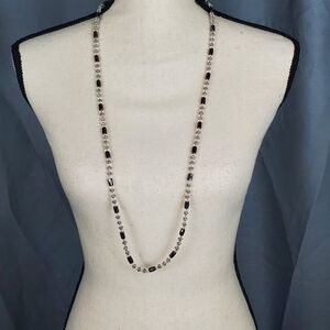 Necklace, open ended strand, gray, clear, silver beads, 19 inches